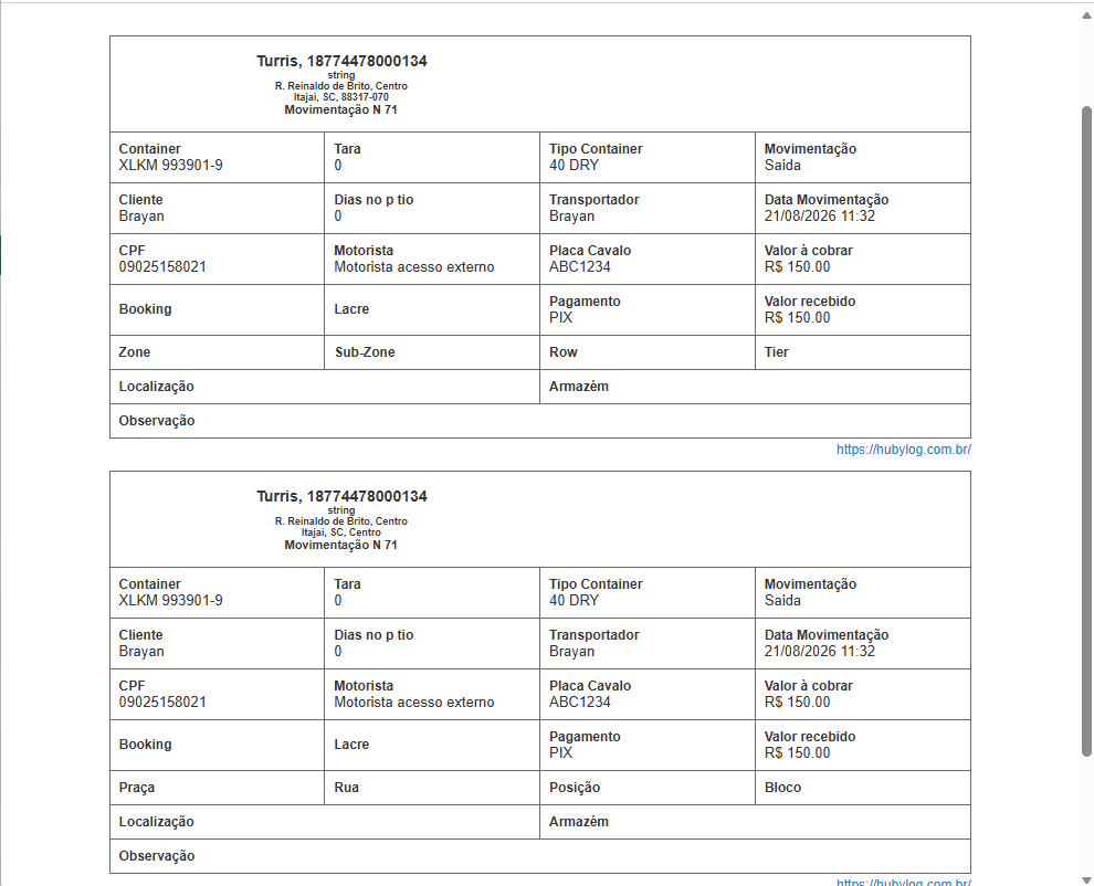 Recibo de Intercâmbio de Contêiner
